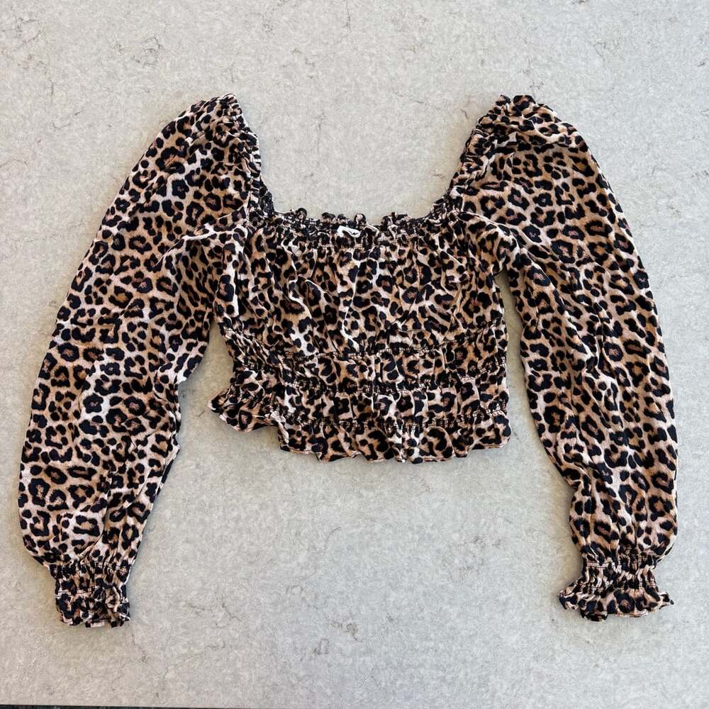 H&M Women's Ruffle-Trimmed Blouse Square Neck Leopard Print Size L